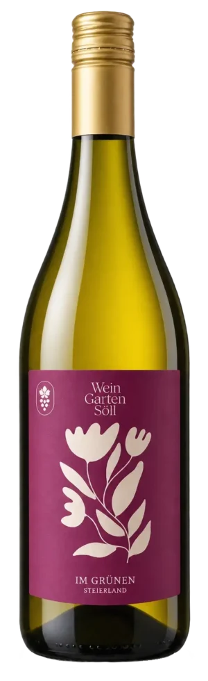 ImGrünen Weißwein aus der Steiermark in eleganter Flasche mit floralem Etikett von Wein Garten Söll.