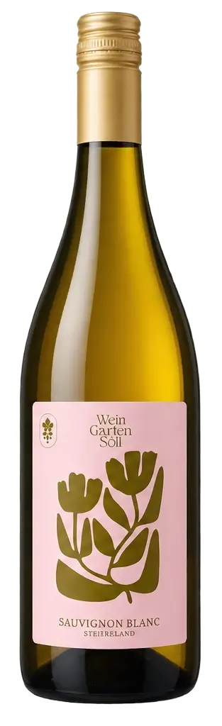 Sauvignon Blanc Weißwein aus der Steiermark in eleganter Flasche mit floralem Etikett von Wein Garten Söll.