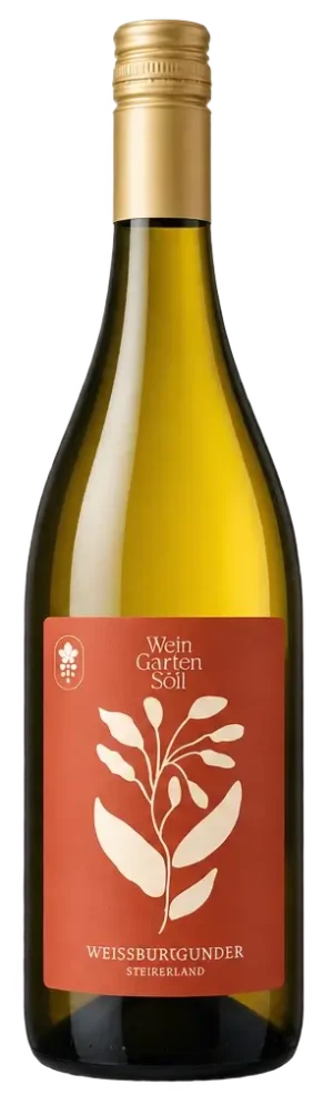 Weißburgunder Weißwein aus der Steiermark in eleganter Flasche mit floralem Etikett von Wein Garten Söll.
