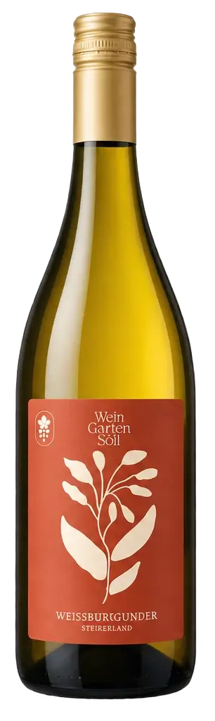 Weißburgunder Weißwein aus der Steiermark in eleganter Flasche mit floralem Etikett von Wein Garten Söll.