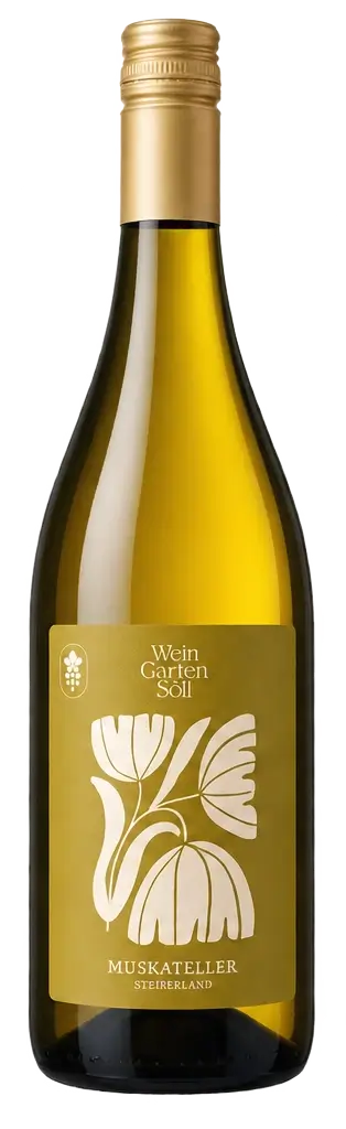 Muskatteller Weißwein aus der Steiermark in eleganter Flasche mit floralem Etikett von Wein Garten Söll.