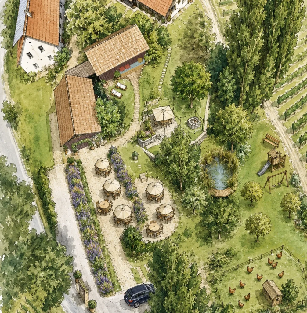 Luftaufnahme eines idyllischen Gartens mit Sitzbereichen, Spielplatz, Teich und Hühnergehege.